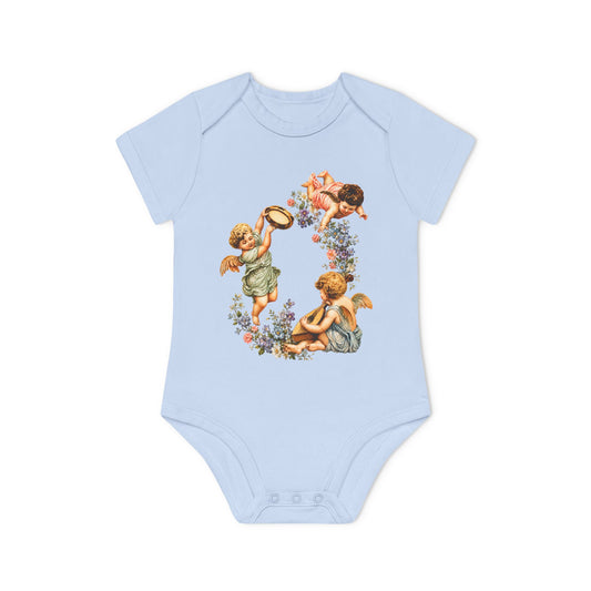 Classic Cherub Musicians dusty blue organic cotton short-sleeve baby bodysuit