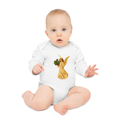 Vintage Angel with Four-Leaf Clover Organic Cotton Long-Sleeve Baby Bodysuit