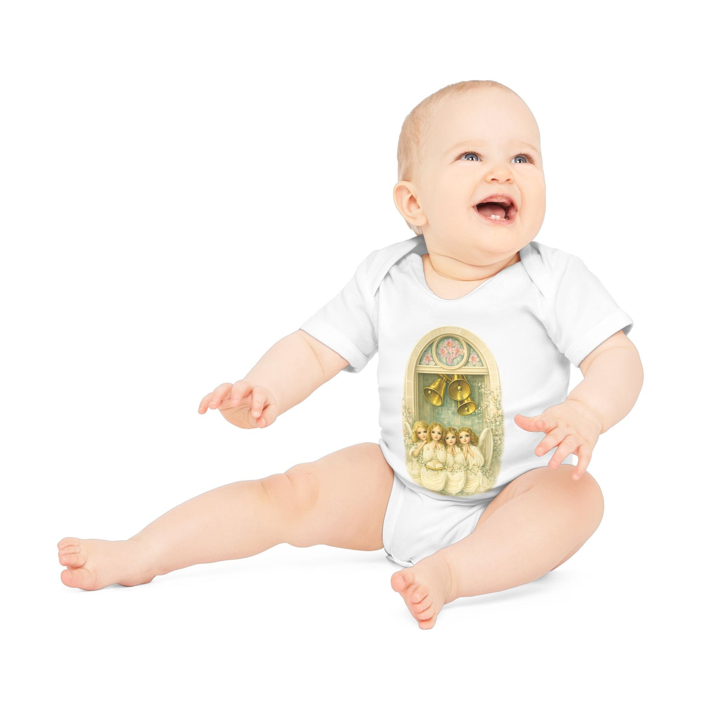Praying Angels Under Church Bells Organic Cotton Short-Sleeve Baby Bodysuit