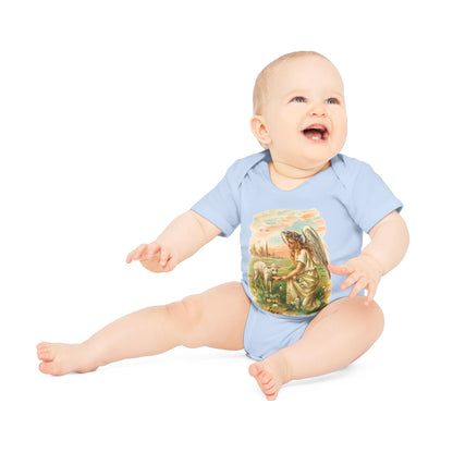Antique Angel with Lamb Organic Cotton Short-Sleeve Baby Bodysuit