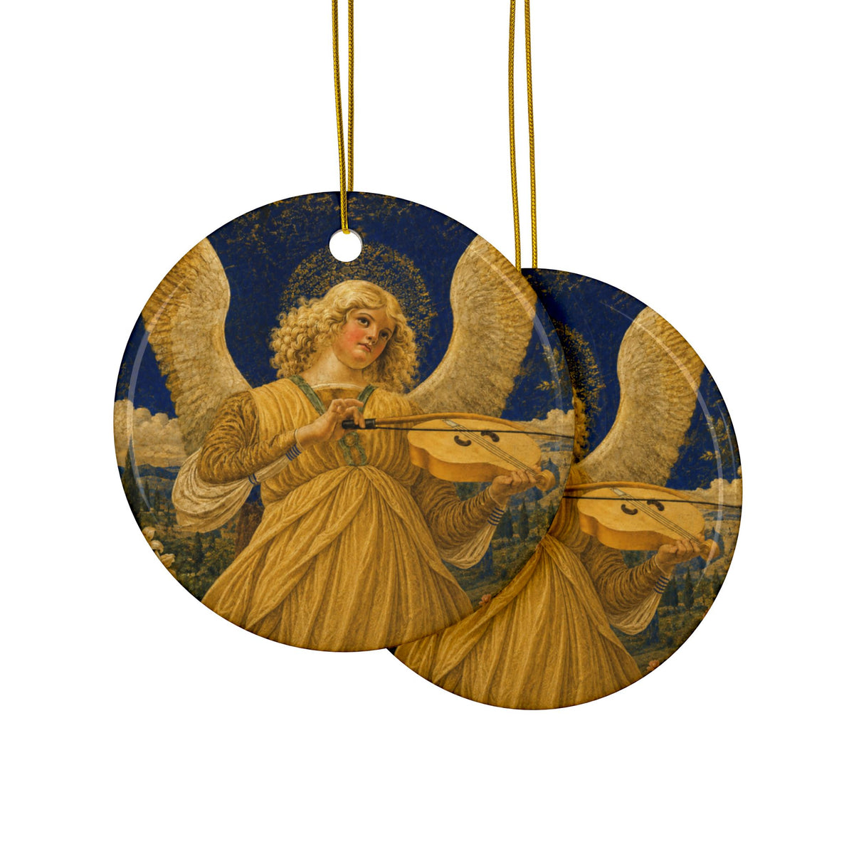 Angel Musician Ceramic Christmas Ornament, Victorian Angel Art, Double-Sided Keepsake