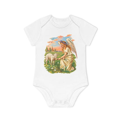 Antique Angel with Lamb Organic Cotton Short-Sleeve Baby Bodysuit