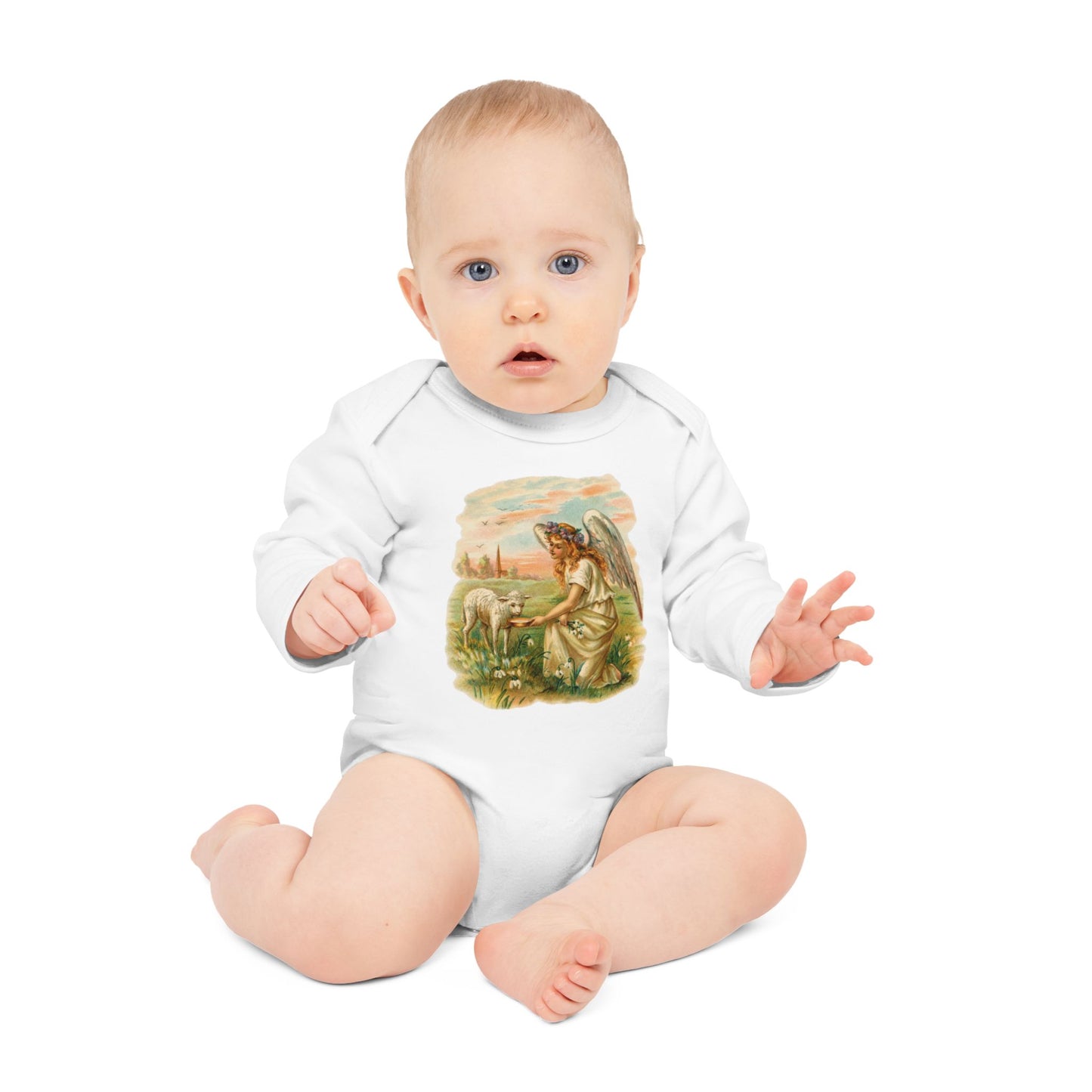 Baby wearing Antique Angel with Lamb white organic cotton long-sleeve bodysuit