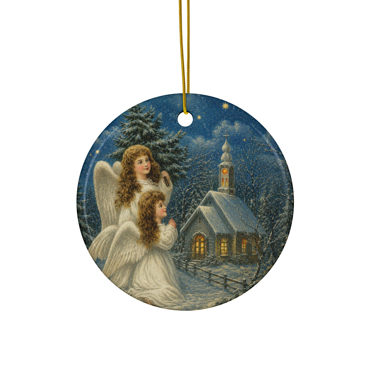 Christmas Angels in Snow Ceramic Holiday Ornament, Double-Sided Keepsake