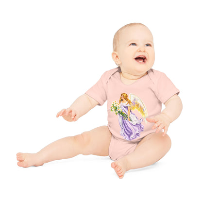 Vintage Angel in Purple Organic Cotton Short-Sleeve Baby Bodysuit