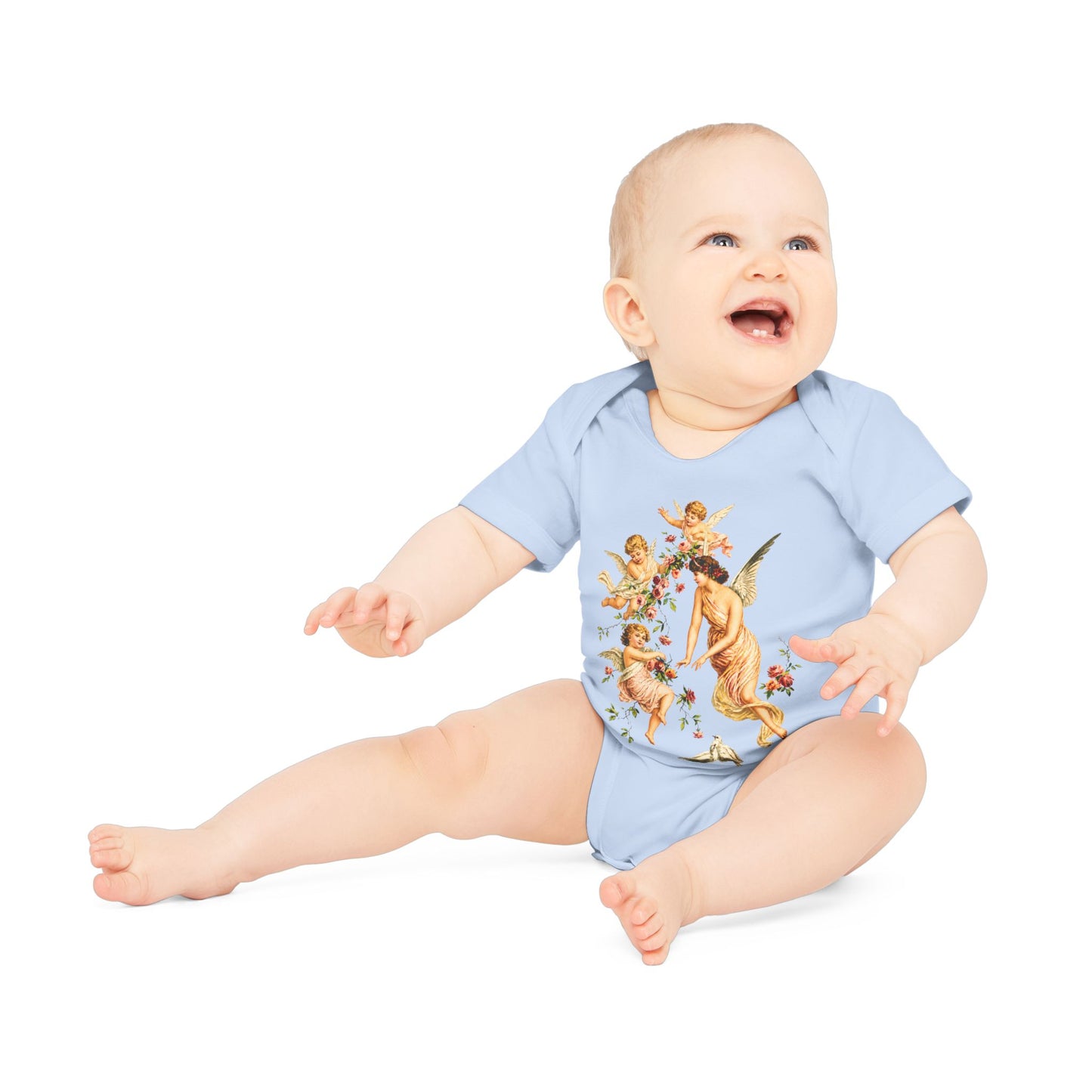 Victorian Angel with Cherubs Organic Cotton Short-Sleeve Baby Bodysuit