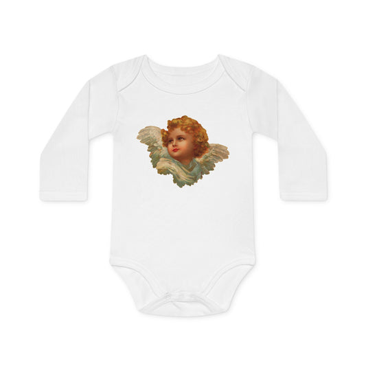 Vintage Cherub Face white organic cotton long-sleeve baby bodysuit