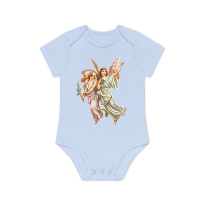 Heavenly Angel Art dusty blue organic cotton short-sleeve baby bodysuit