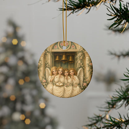 Praying Angels Under Church Bells Ceramic Holiday Ornament, Double-Sided Keepsake