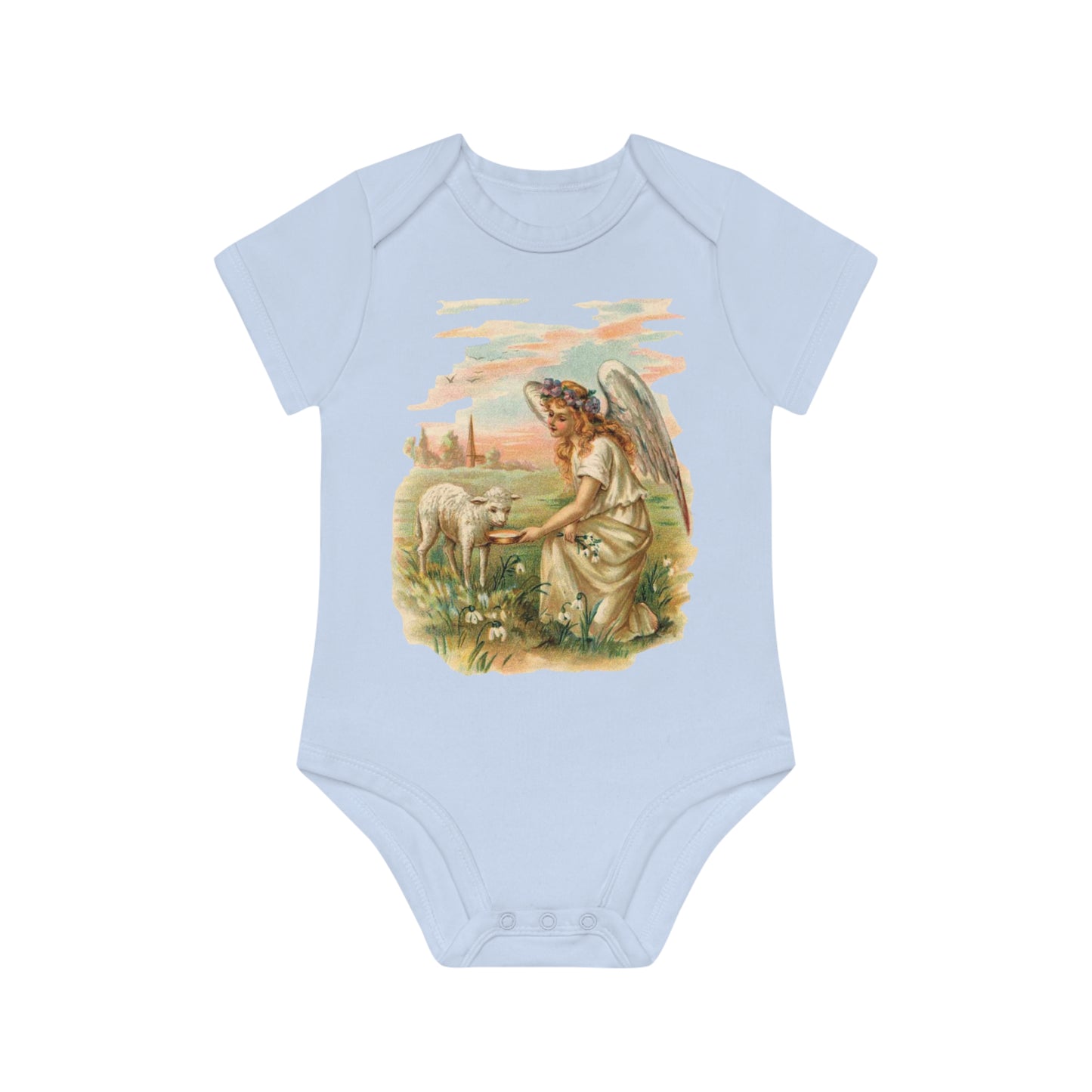 Victorian Organics baby bodysuit cotton short sleeve angel with lamb