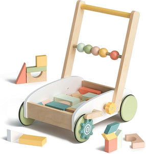 Baby Push Walker Wooden Toy with Building Blocks