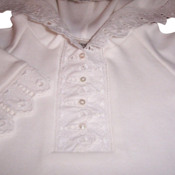 Victorian Organics White Lace Baby Garment Closeup