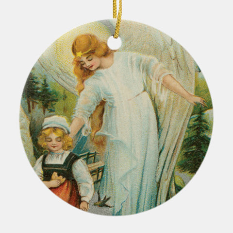 Vintage Style Christmas Tree Ornament - Guardian Angel Protecting Girl