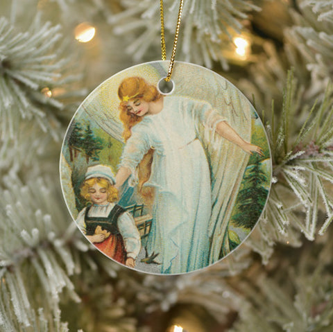 Vintage Style Christmas Tree Ornament - Guardian Angel Protecting Girl