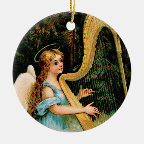 Vintage Style Collectible Art Ornament - Angel Playing Harp in Woods