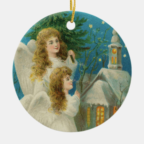 Vintage Style Home Decor Christmas Ornament - Angels Outside a Church