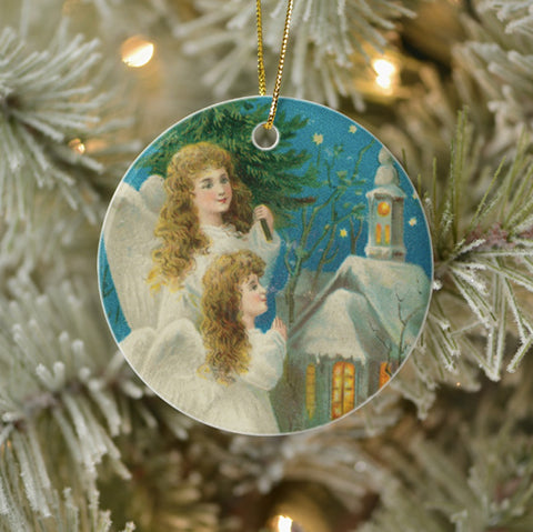 Vintage Style Home Decor Christmas Ornament - Angels Outside a Church