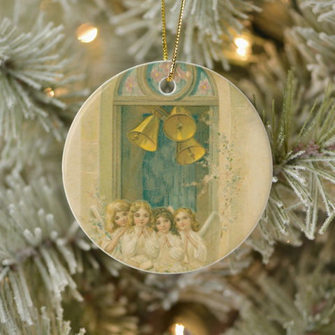 Vintage Style Home Decor Holiday Tree Ornament - Angels Praying Under Bells