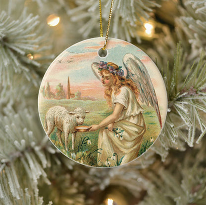 Vintage Style Home Decor Holiday Tree Ornament - Antique Angel Feeding a Lamb