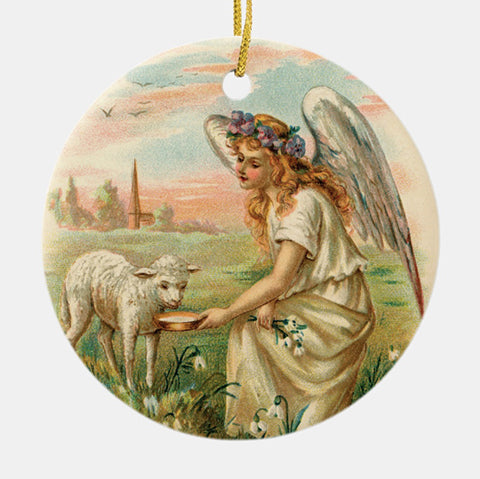 Vintage Style Home Decor Holiday Tree Ornament - Antique Angel Feeding a Lamb