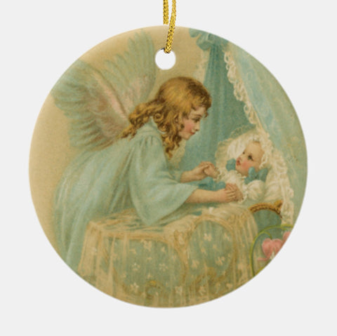 Vintage Style Home Decor Keepsake Ornament - Angel Over Baby In Bassinet