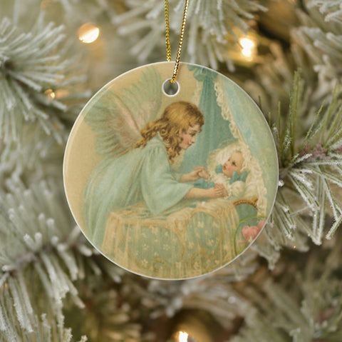 Vintage Style Home Decor Keepsake Ornament - Angel Over Baby In Bassinet