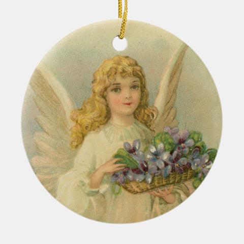 Vintage Style Home Decor Ornament - Angel With Purple Flower Basket