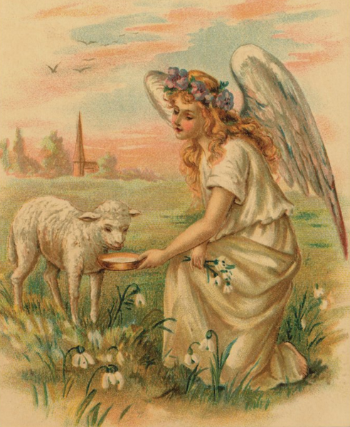 Victorian Baby Gifts Antique Angel Feeding A Lamb Wood Wall Art Decor